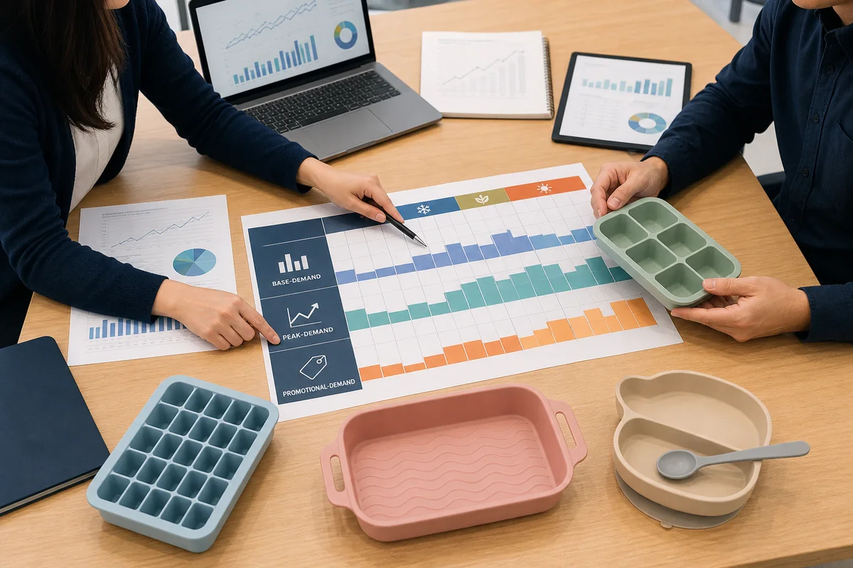 Buyer and factory planner segmenting seasonal silicone product demand by SKU Buyer and factory planner segmenting seasonal silicone product demand by SKU