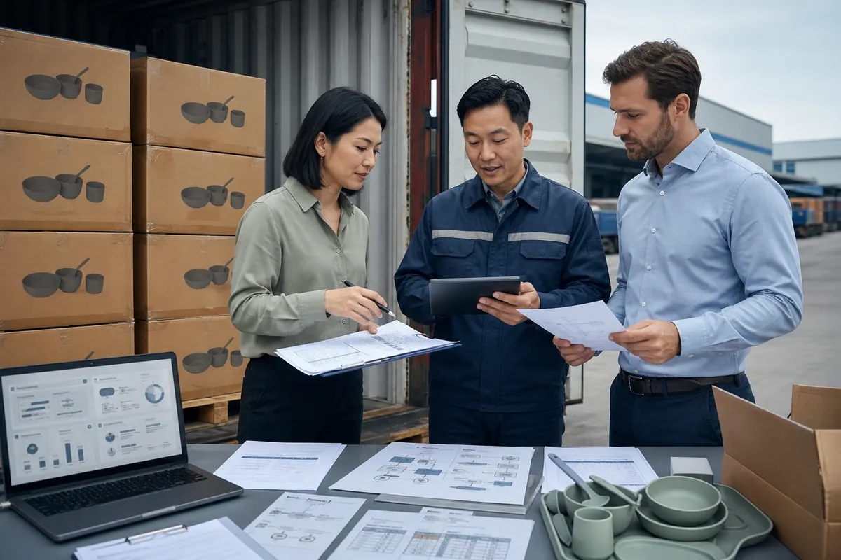 Buyer factory and freight forwarder reviewing silicone shipment release documents