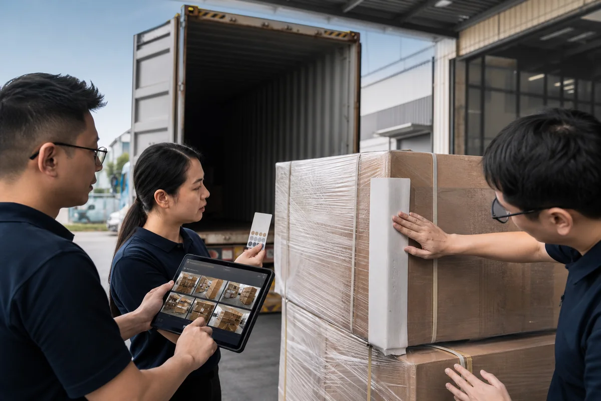 Factory shipment team checking pallet protection and freight release evidence Factory shipment team checking pallet protection and freight release evidence