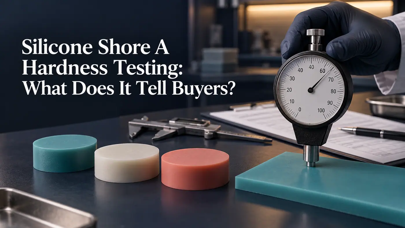 Shore A durometer measuring a teal silicone plaque beside approved samples on a quality-control desk
