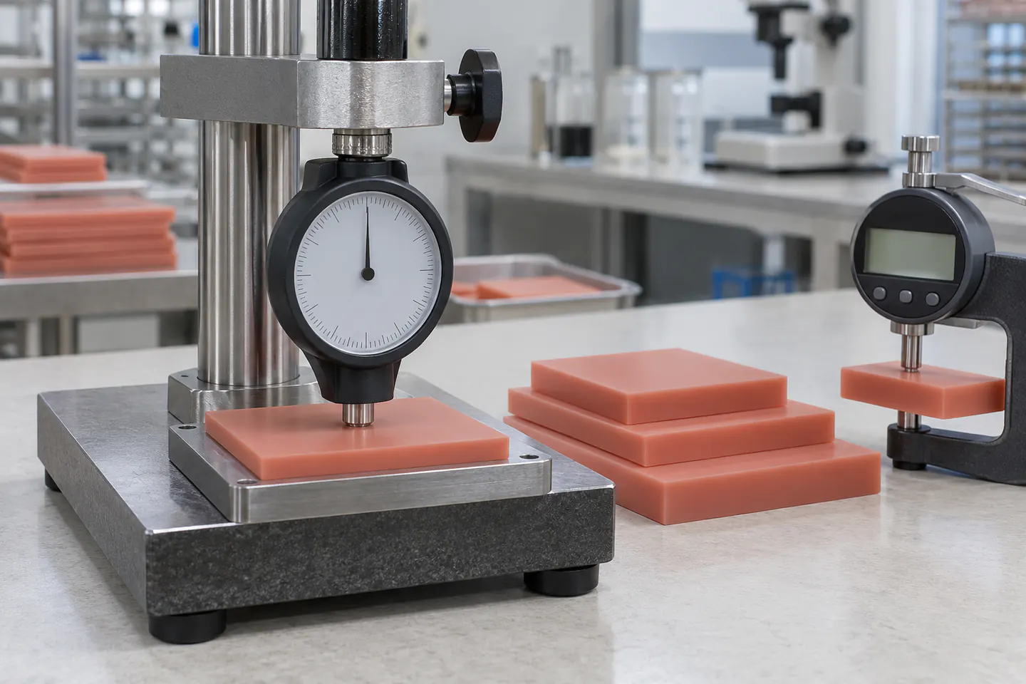 Shore A durometer measuring a flat supported silicone plaque Shore A durometer measuring a flat supported silicone plaque