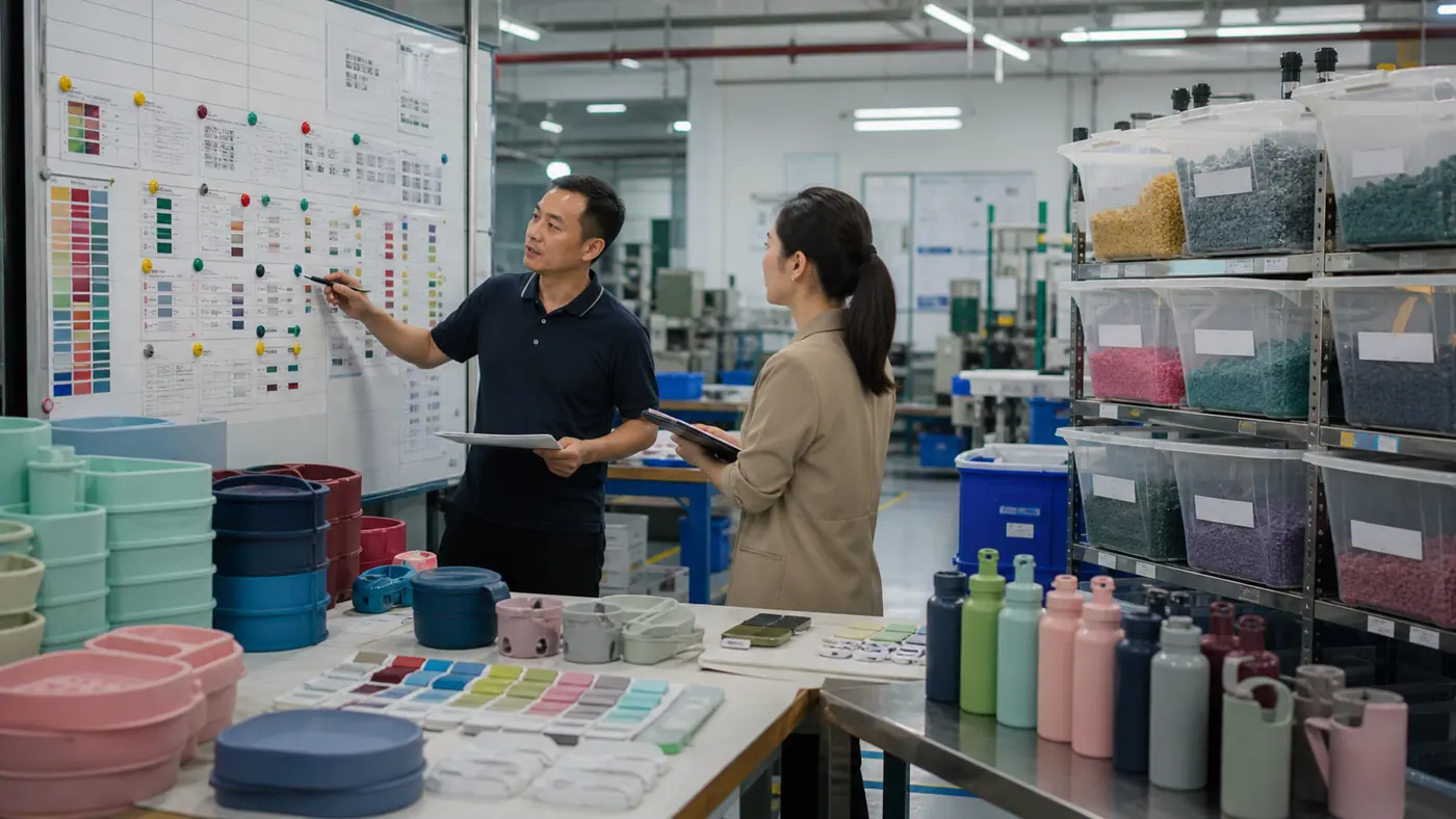 Factory production planner and B2B buyer reviewing silicone SKU color batch minimums