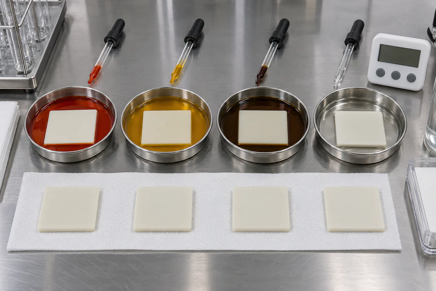 Silicone color plaques compared after food staining exposure and controlled cleaning Silicone color plaques compared after food staining exposure and controlled cleaning