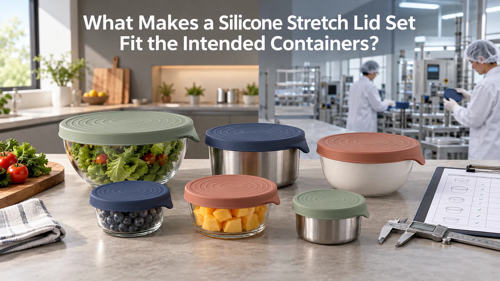 Multi-size silicone stretch lid set fitted to glass ceramic and stainless containers during a factory review