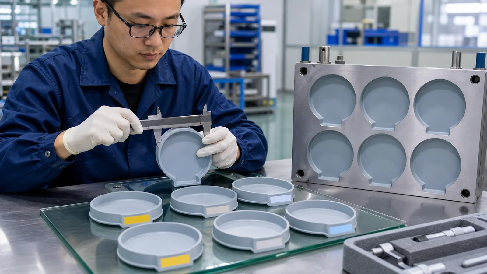 Silicone suction plate mold trial with cavity samples and dimensional quality inspection