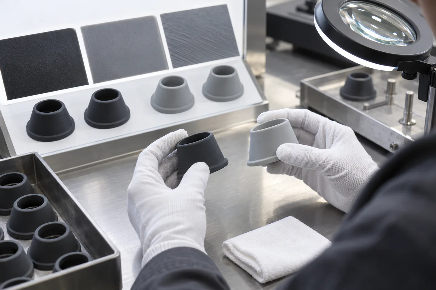 Factory inspector checking silicone surface finish under controlled lighting with zone references Factory inspector checking silicone surface finish under controlled lighting with zone references