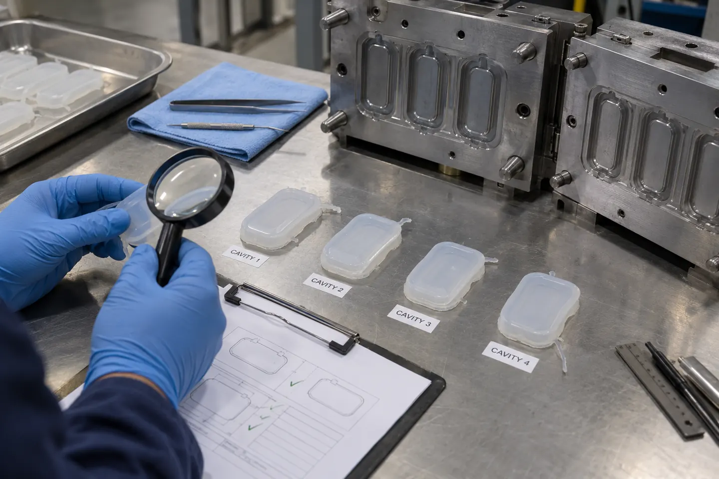 First silicone mold trial samples identified by cavity and inspected for filling venting flash and release First silicone mold trial samples identified by cavity and inspected for filling venting flash and release