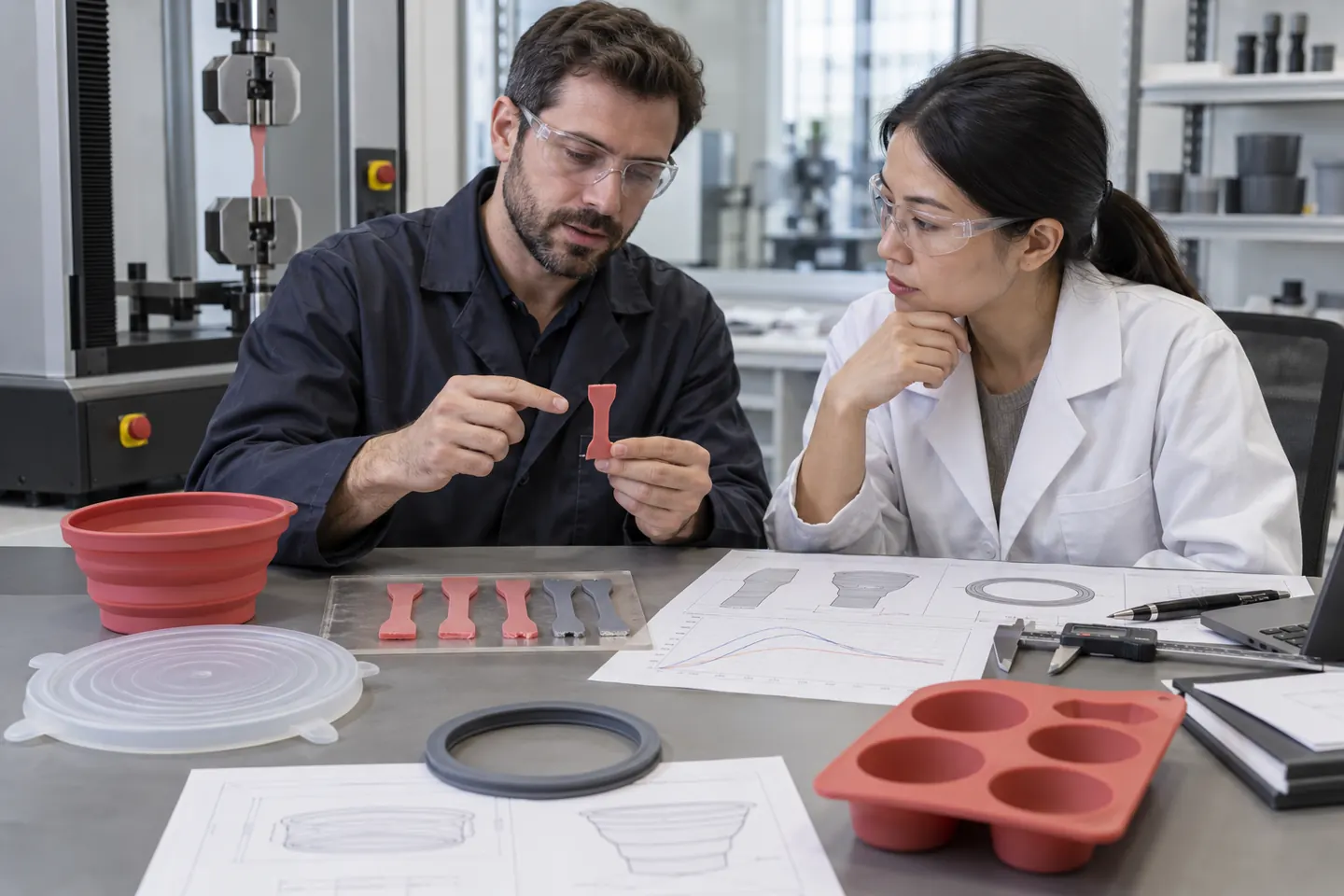 Buyer and quality engineer connecting silicone tear specimens with finished product risks