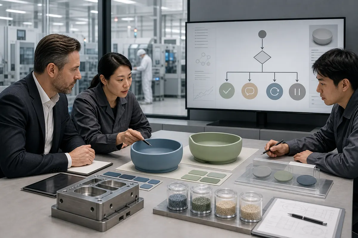 Buyer and silicone factory team reviewing product changes that trigger retesting Buyer and silicone factory team reviewing product changes that trigger retesting