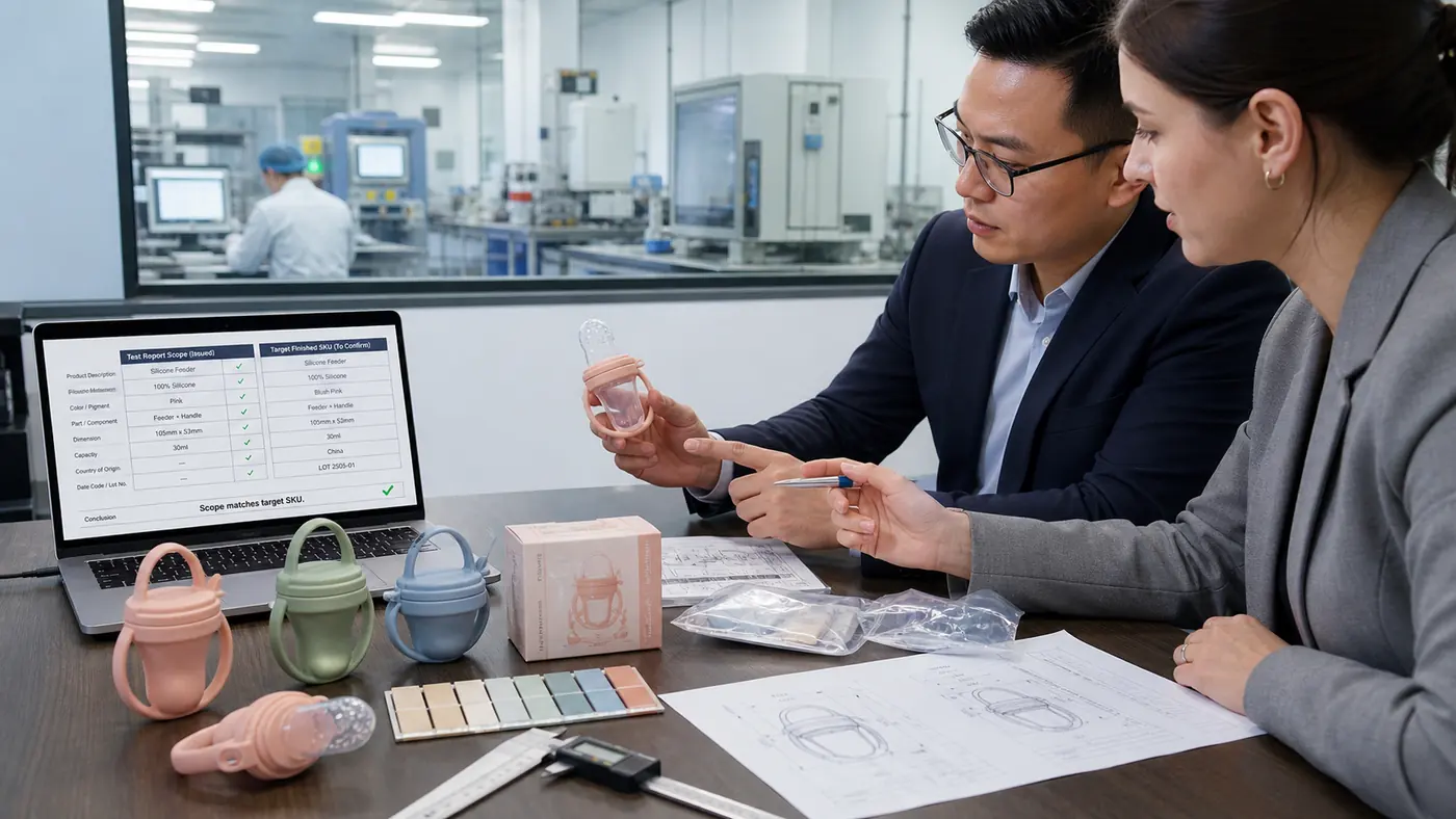 B2B buyer and compliance specialist matching a silicone test report scope to the exact finished product