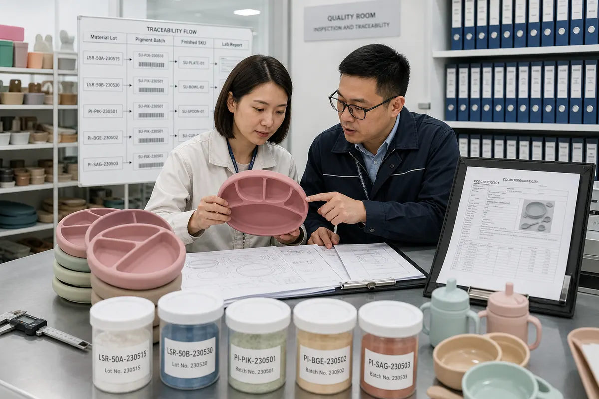 Factory quality team tracing silicone lots colors finished SKUs and test reports