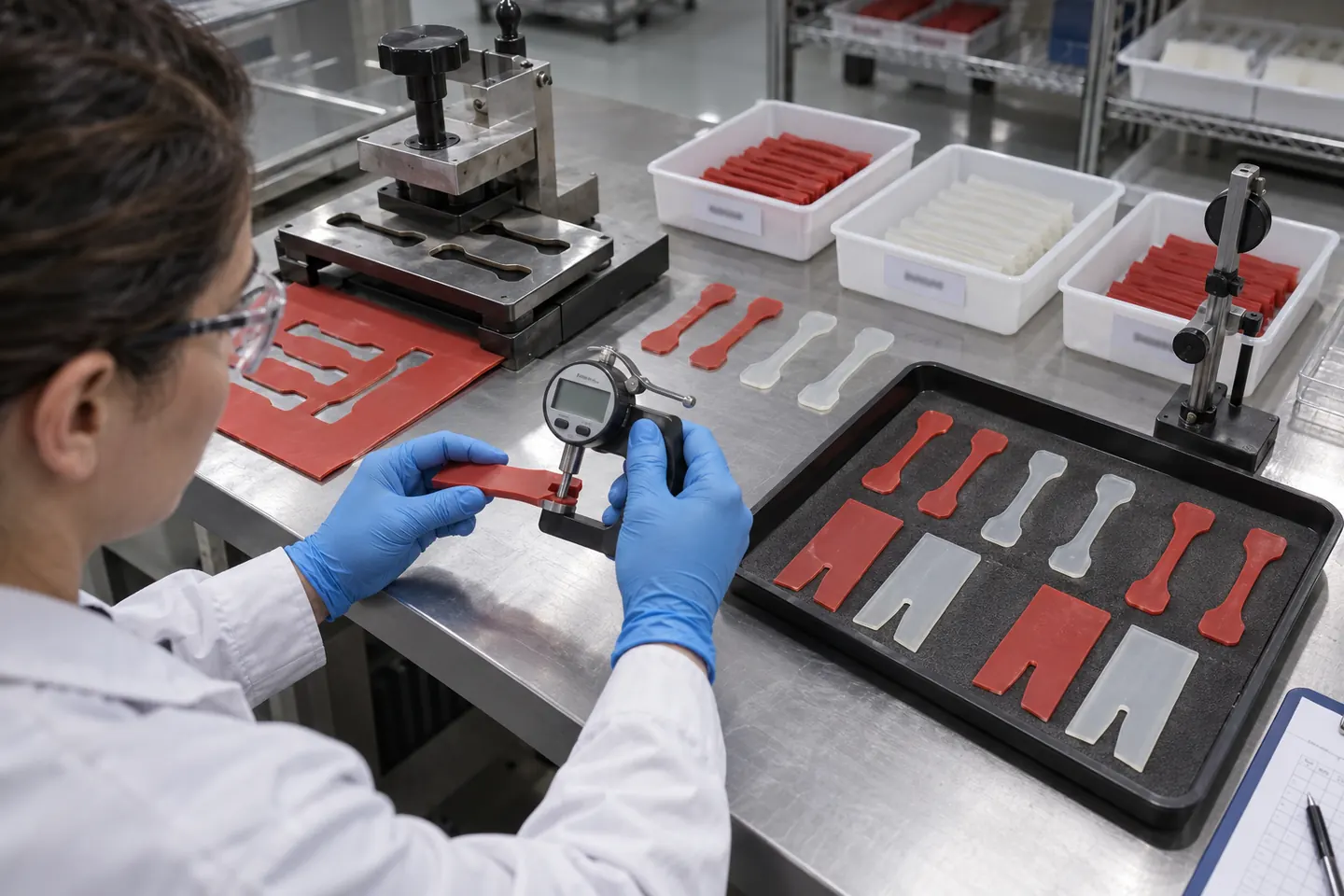 Technician preparing and measuring silicone tensile and tear test specimens