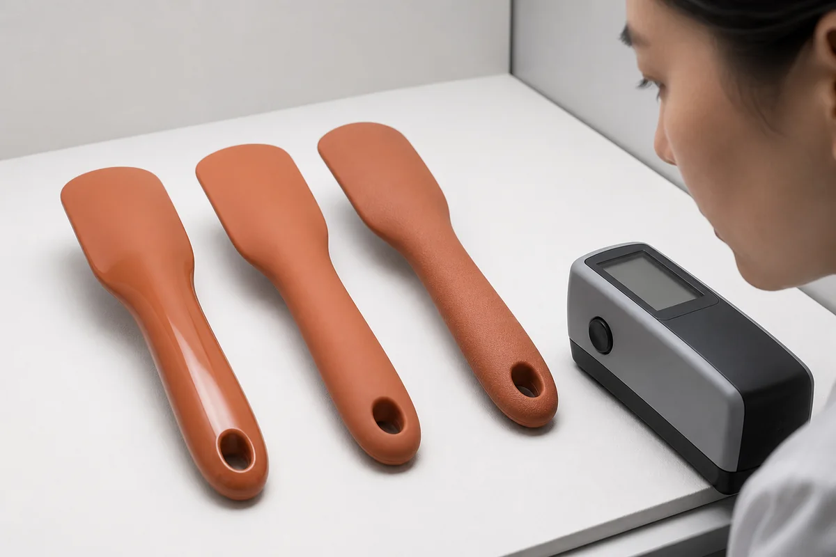 Smooth matte and micro-textured silicone surfaces compared under controlled light