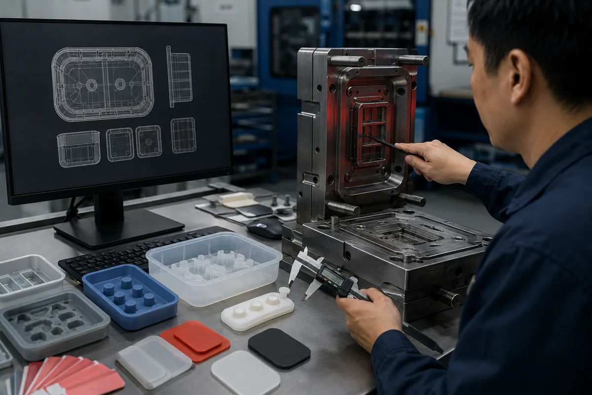 Silicone mold engineer reviewing tooling and product geometry cost drivers