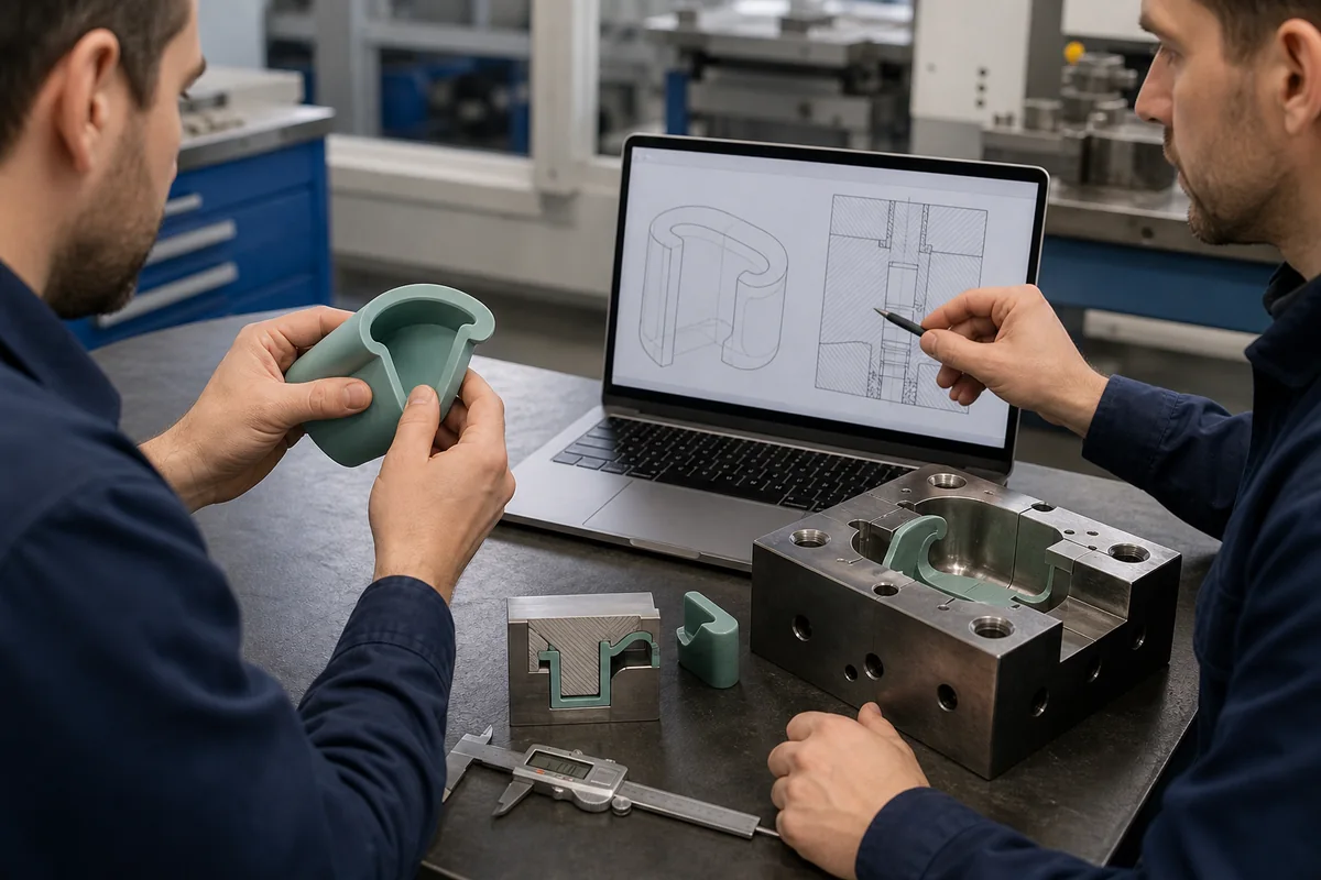 Tooling engineers reviewing undercut geometry during silicone product DFM