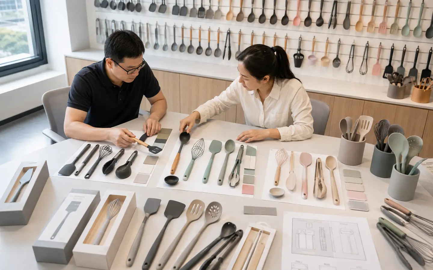 Buyer and factory merchandiser planning wholesale silicone kitchen utensil assortments Buyer and factory merchandiser planning wholesale silicone kitchen utensil assortments