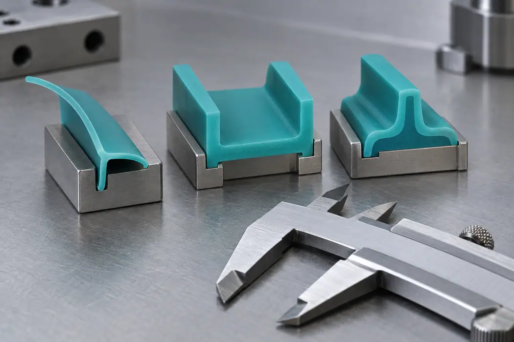 Thin, medium and reinforced silicone wall cross sections on inspection fixtures Thin, medium and reinforced silicone wall cross sections on inspection fixtures