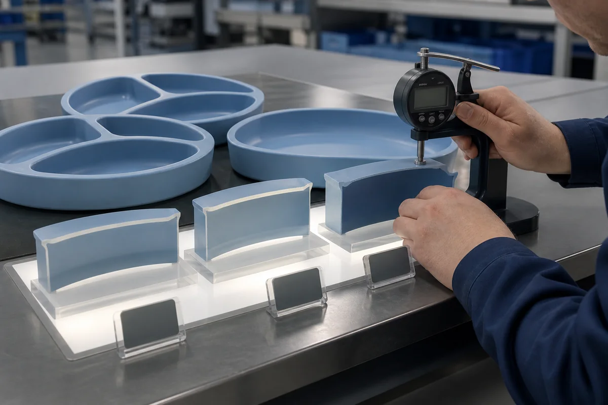 Silicone wall thickness samples evaluated for translucency and apparent color depth