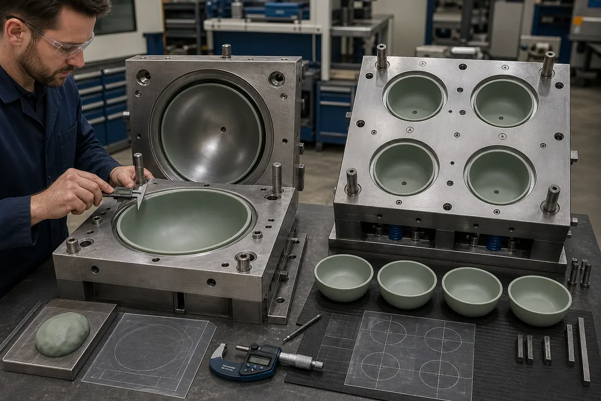 Single-cavity and four-cavity silicone bowl mold layout comparison