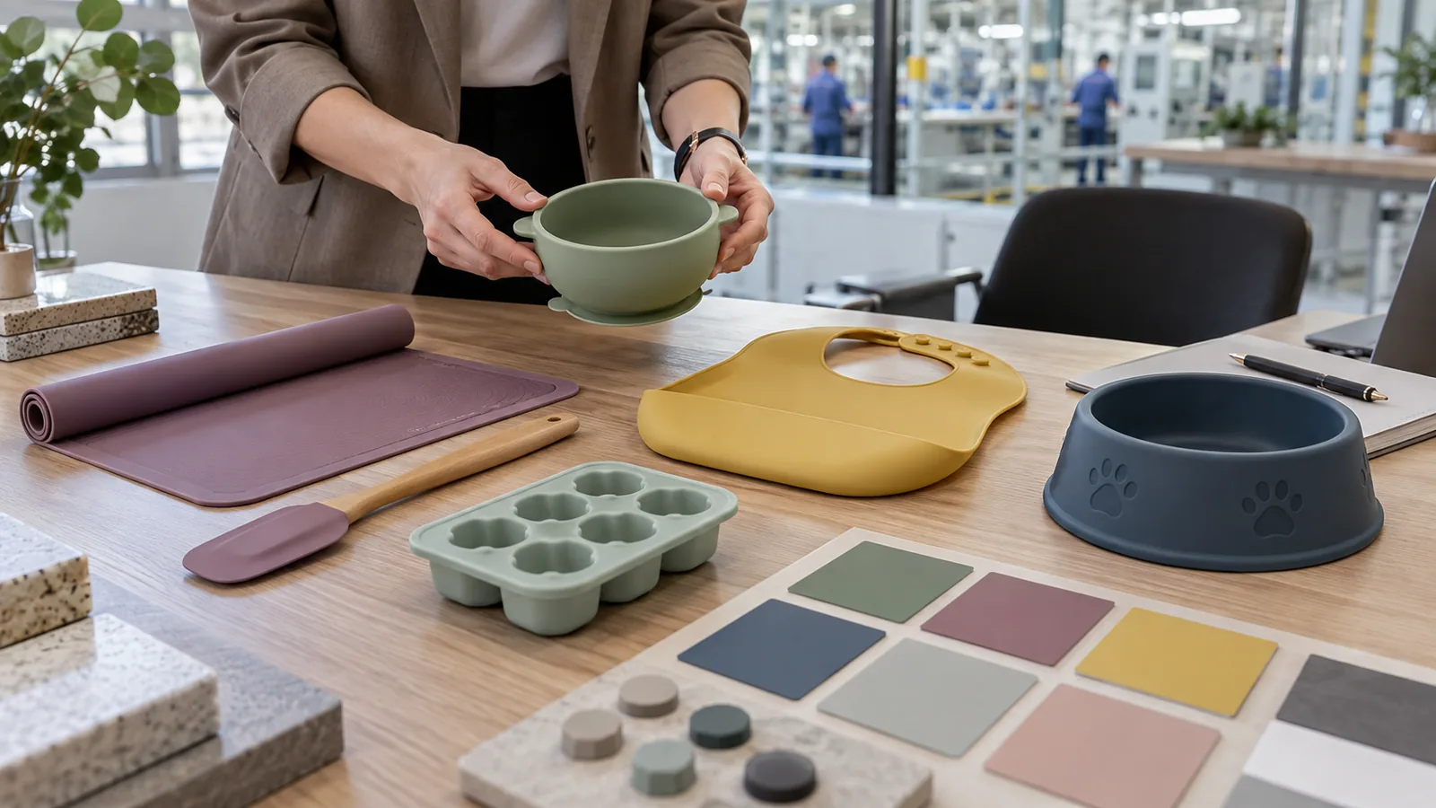 Buyer reviewing a six-category silicone assortment and coordinated color architecture