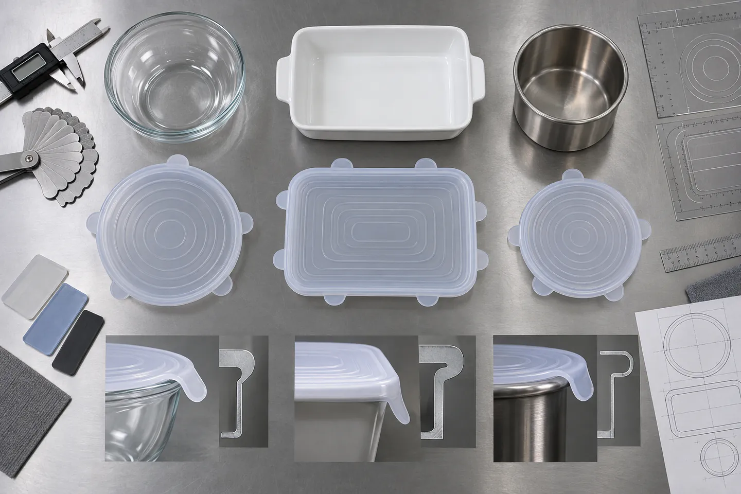 Round and rectangular silicone stretch lids compared with glass ceramic and stainless container rims