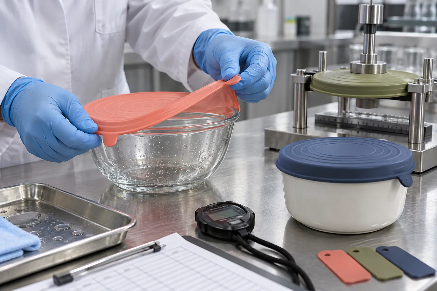 Quality technician testing stretch lid removal sealing edge and dimensional recovery