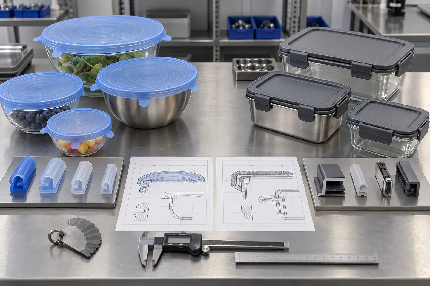 Silicone stretch-lid bead profiles compared with rigid lid latches gaskets and container interfaces