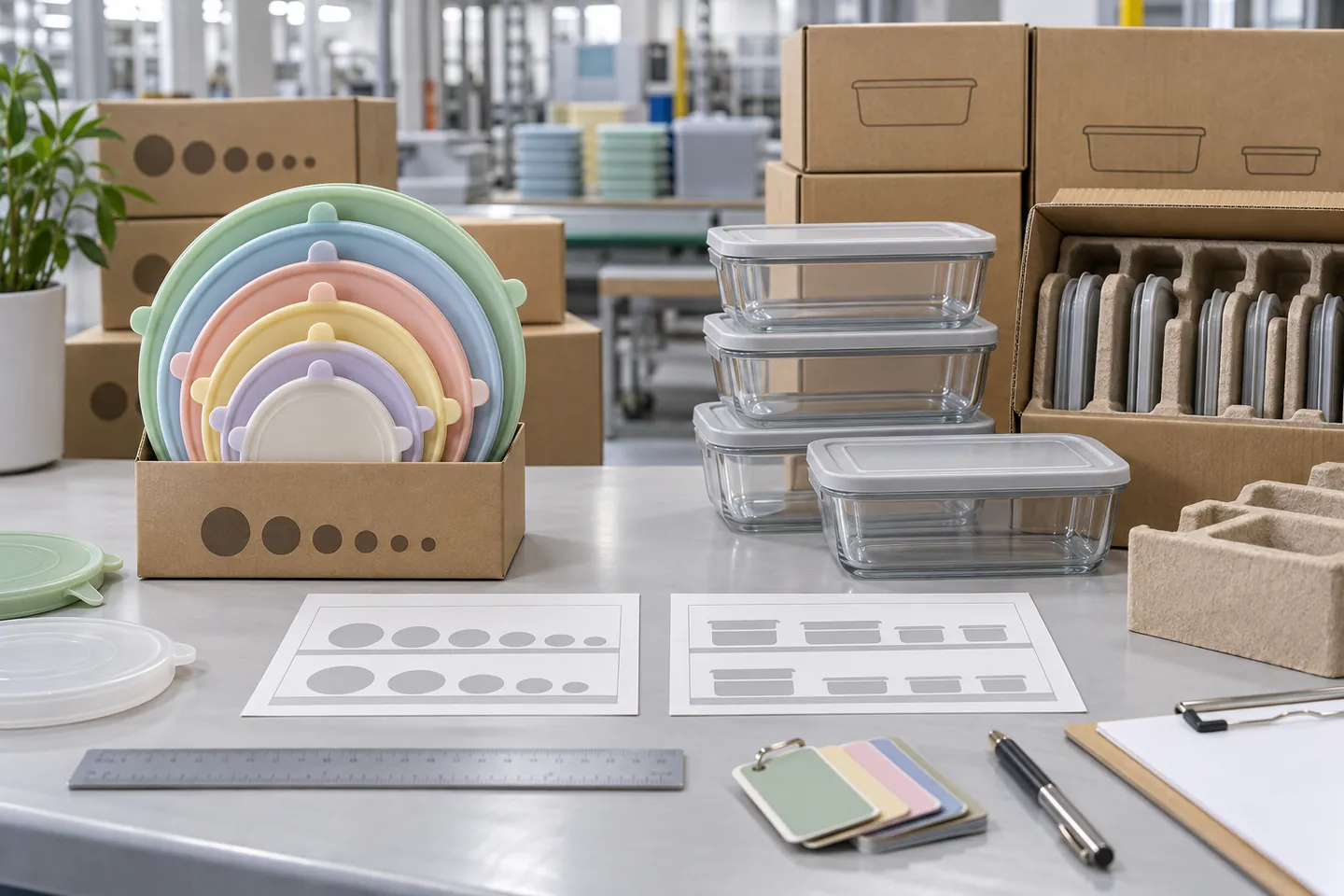 Nested pastel stretch lids compared with rigid container lids and retail packaging volume