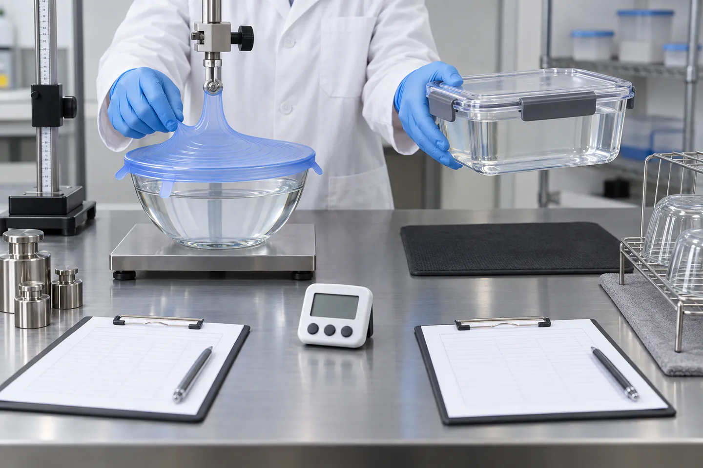 Quality technician comparing stretch-lid recovery with rigid-lid closure and inversion checks
