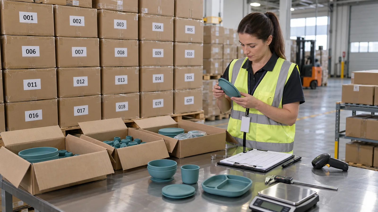 Independent inspector selects random export cartons and checks finished silicone products Independent inspector selects random export cartons and checks finished silicone products