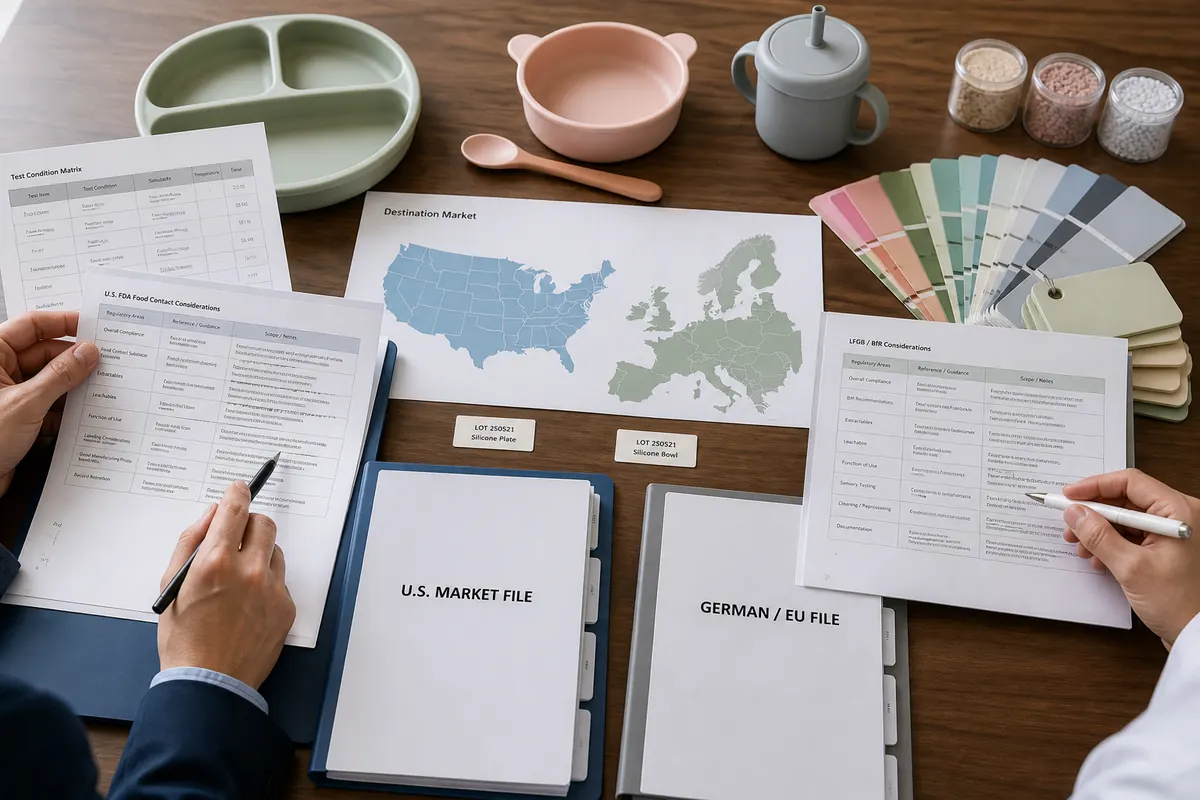 Buyer comparing United States and German silicone food-contact evidence files