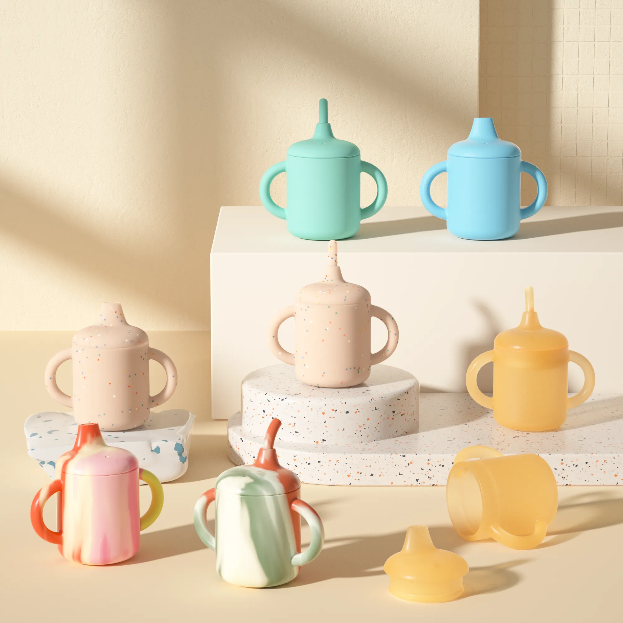 Coordinated silicone drinkware products in multiple private-label color directions