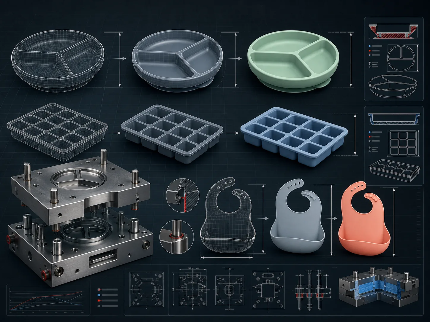 3D CAD design and mold-development stages for custom silicone products