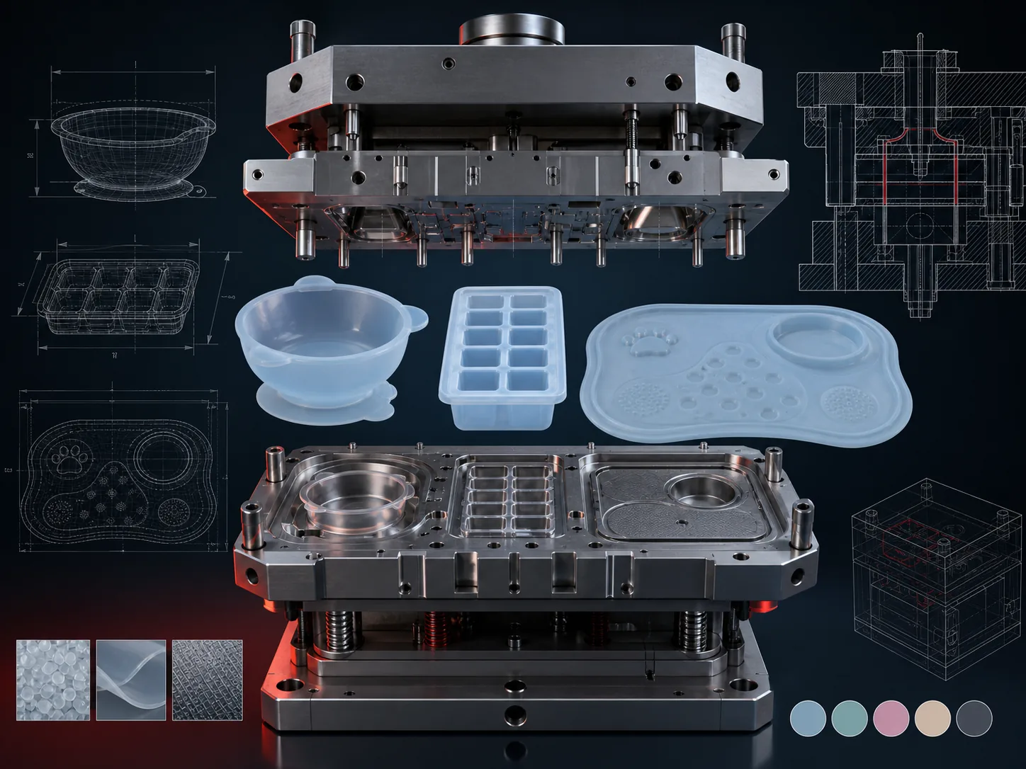 Custom silicone molding project with metal tooling, finished samples and engineering drawings