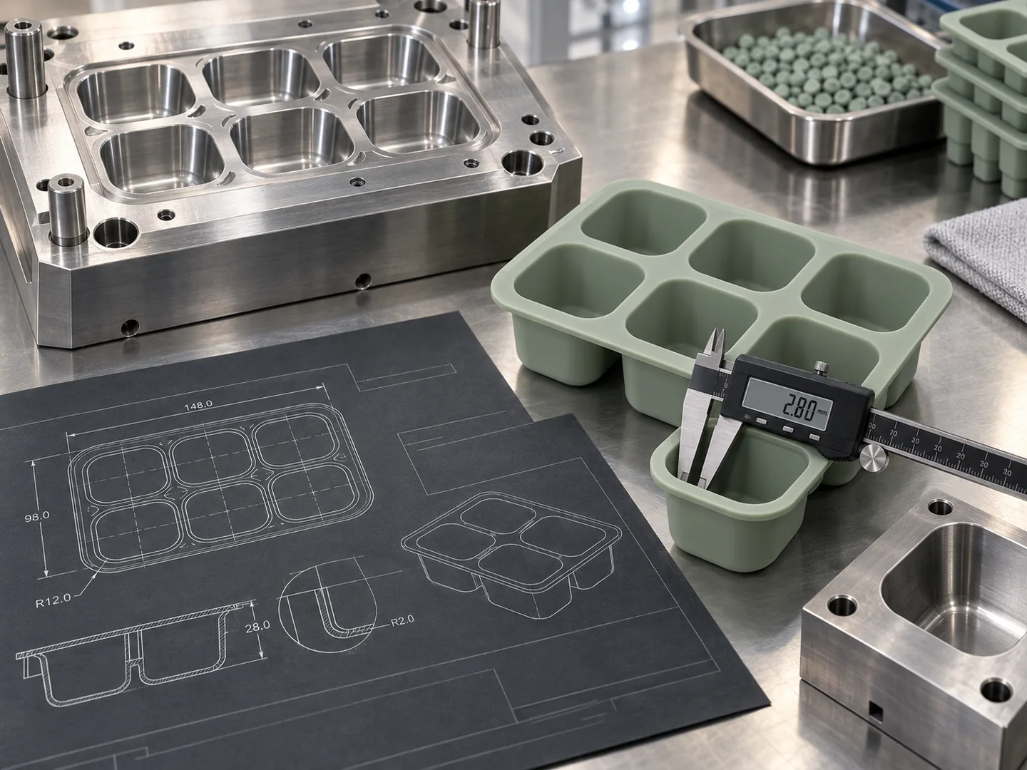 Silicone baby food freezer tray prototype beside cavity mold inserts and dimensional drawing