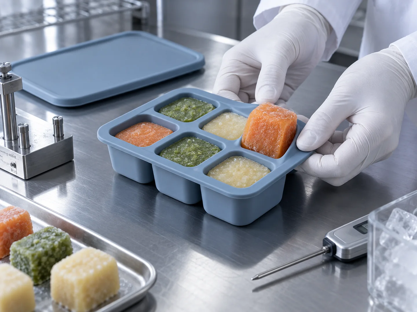 Gloved technician evaluating frozen portion release from a blue silicone baby food tray
