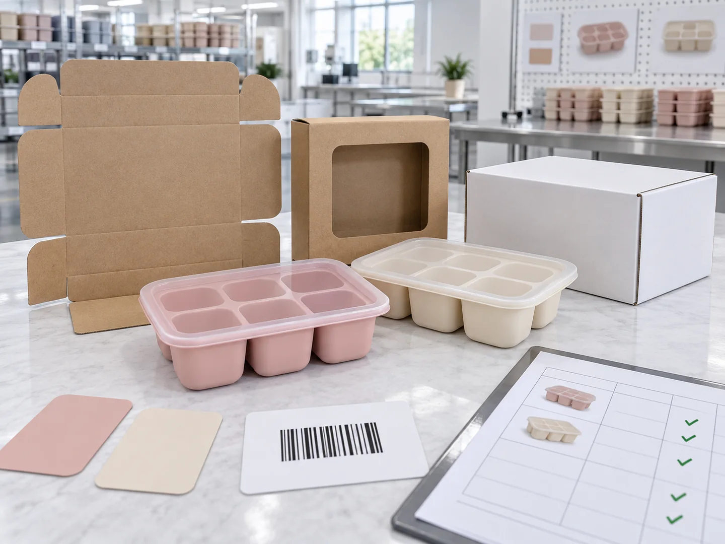 Pink and cream silicone baby food freezer trays with blank private-label packaging samples