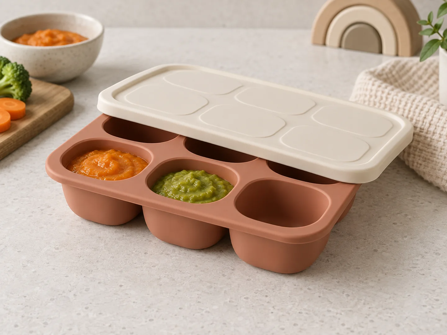 Terracotta custom silicone baby food freezer tray with six portion cavities and cream fitted lid