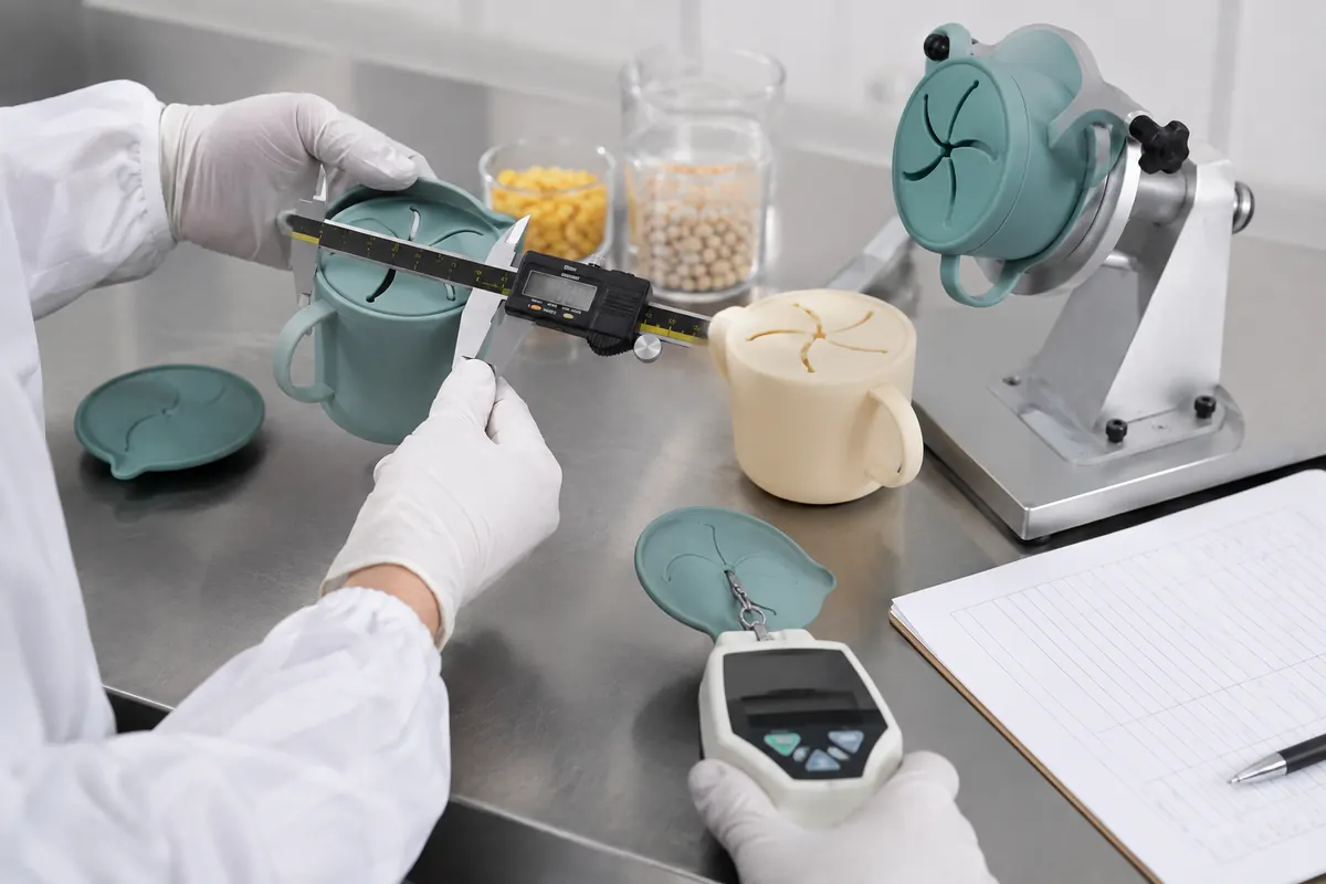 Dimensional lid retention and access validation for a silicone baby snack cup