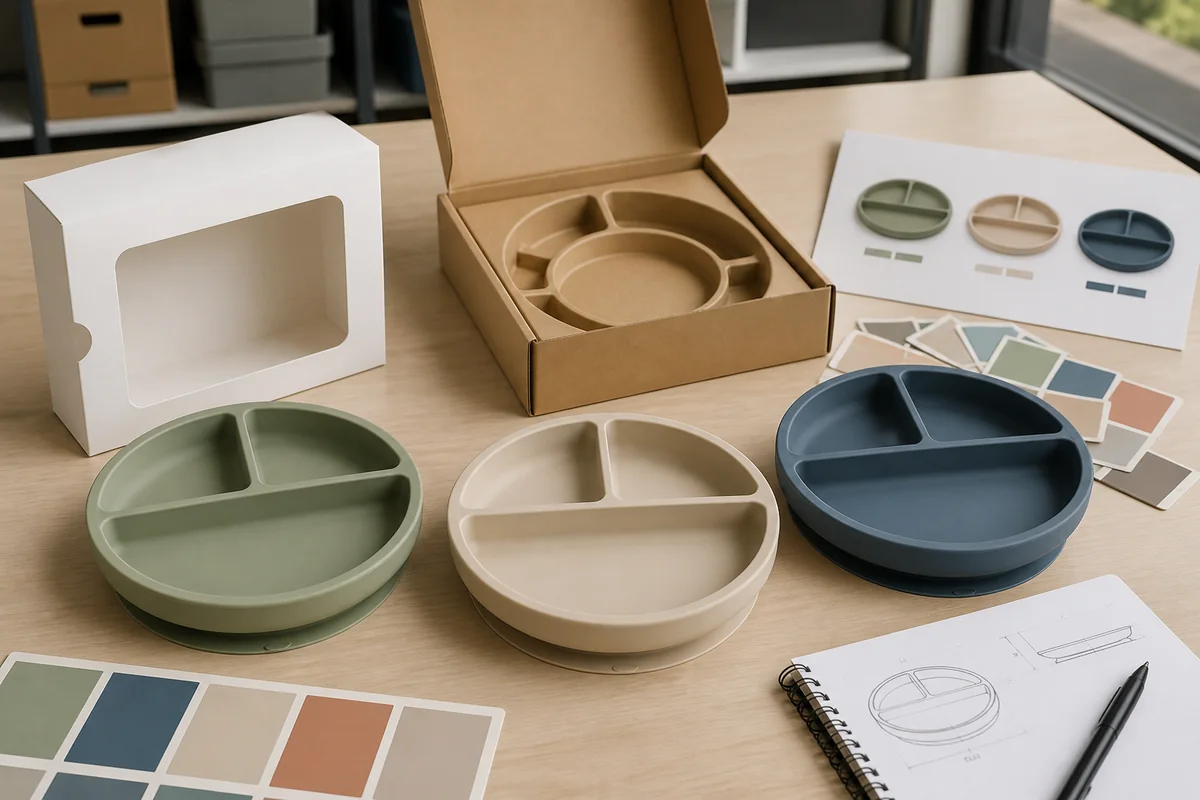 Private-label divided silicone suction plate colors and retail packaging approval
