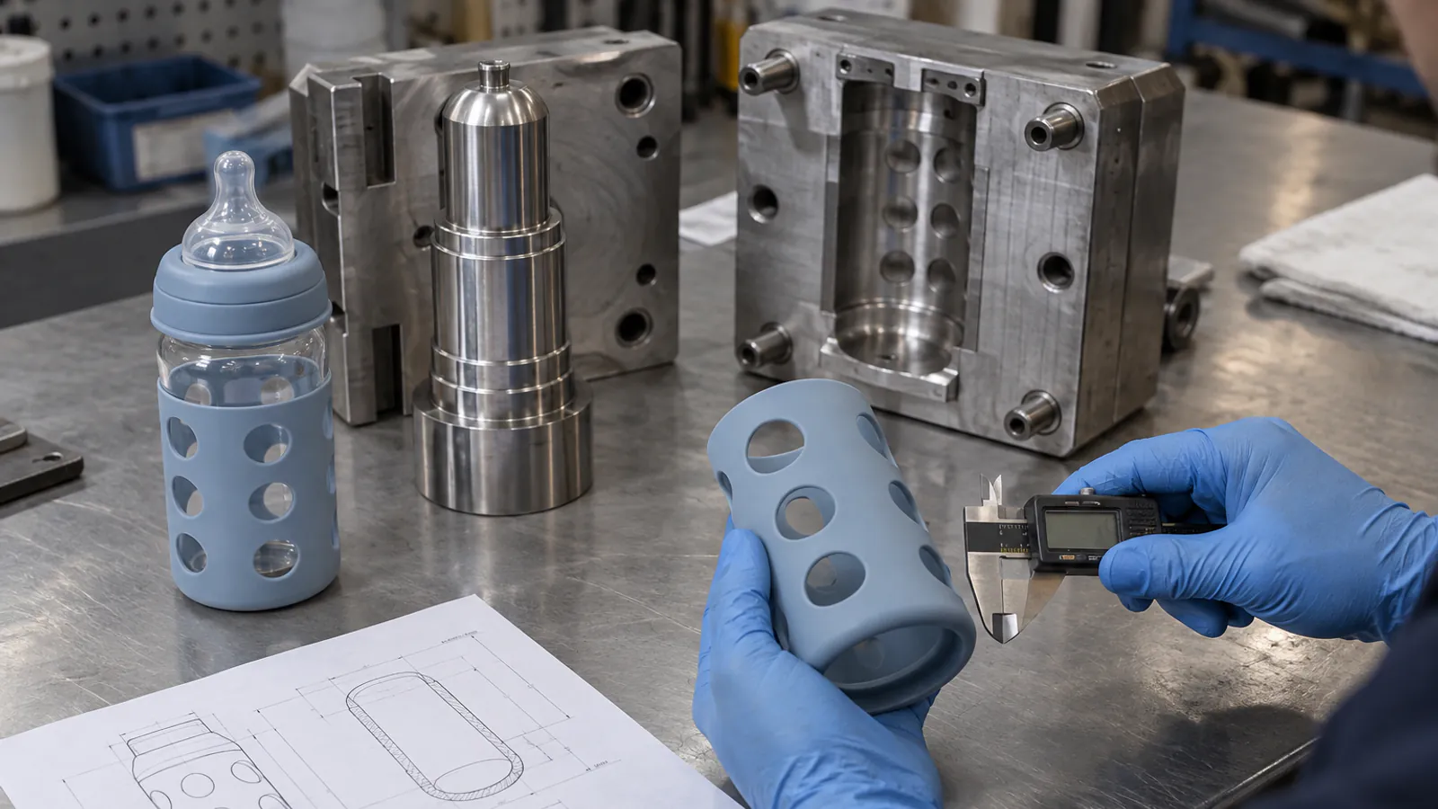 Sleeve DFM and Tooling Review Engineer reviewing a silicone bottle sleeve prototype, bottle gauge, mold core and dimensional drawing