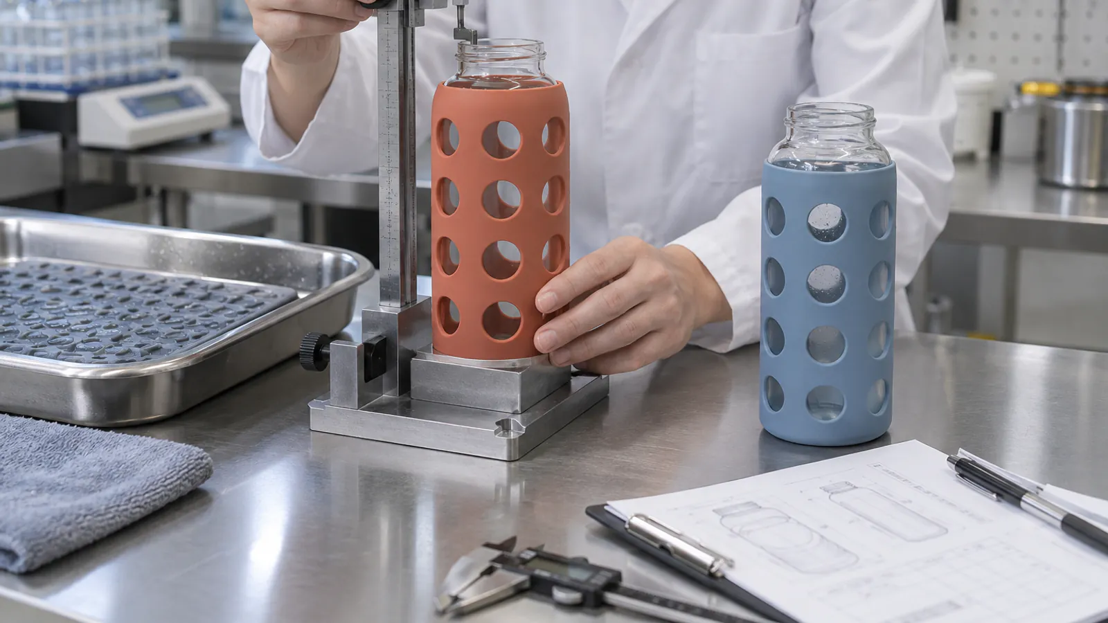 Bottle Fit and Retention Evaluation Technician measuring silicone sleeve fit on two representative glass baby bottles