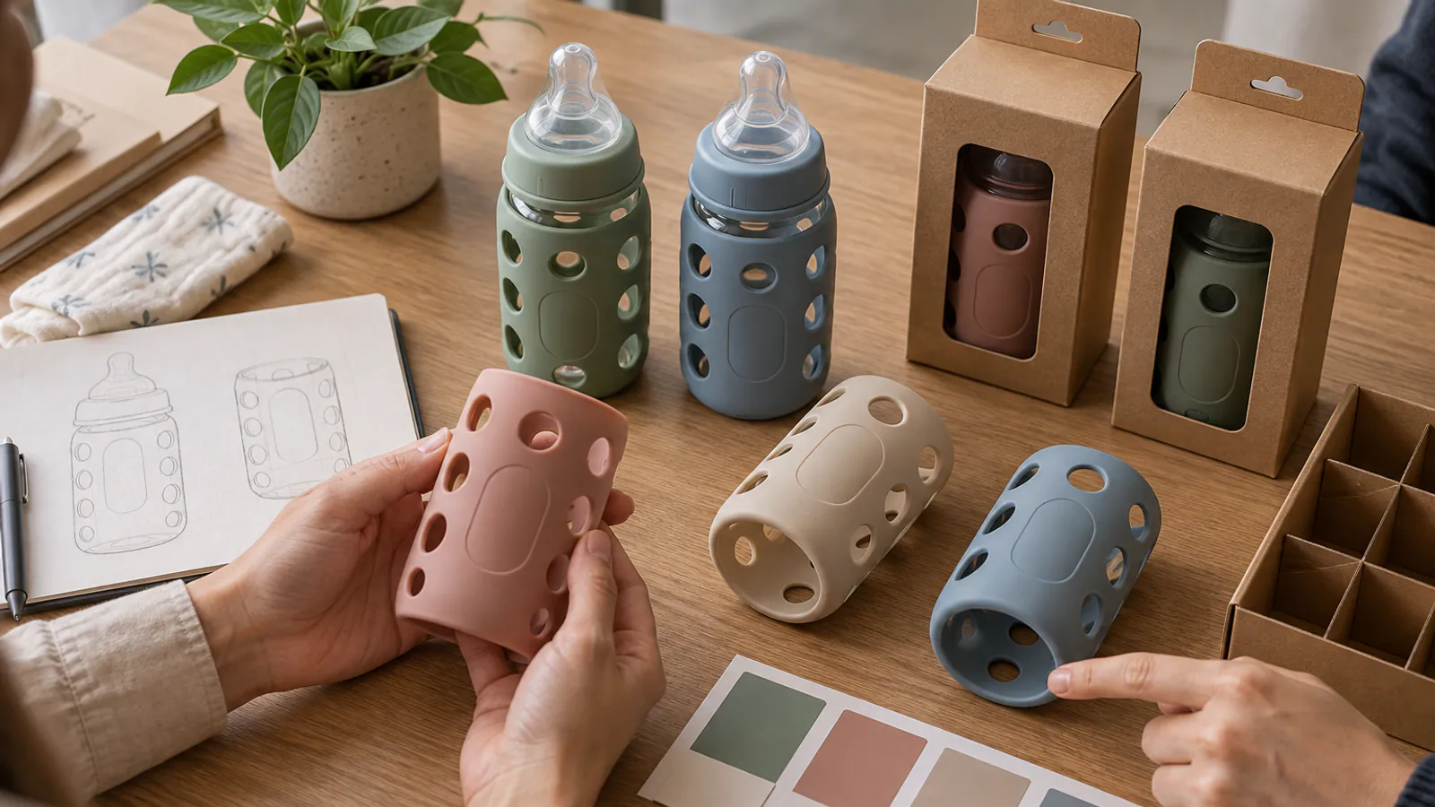 Private-Label Color and Pack-Out Approval Four silicone baby bottle sleeve color samples with unbranded bottles and kraft retail cartons