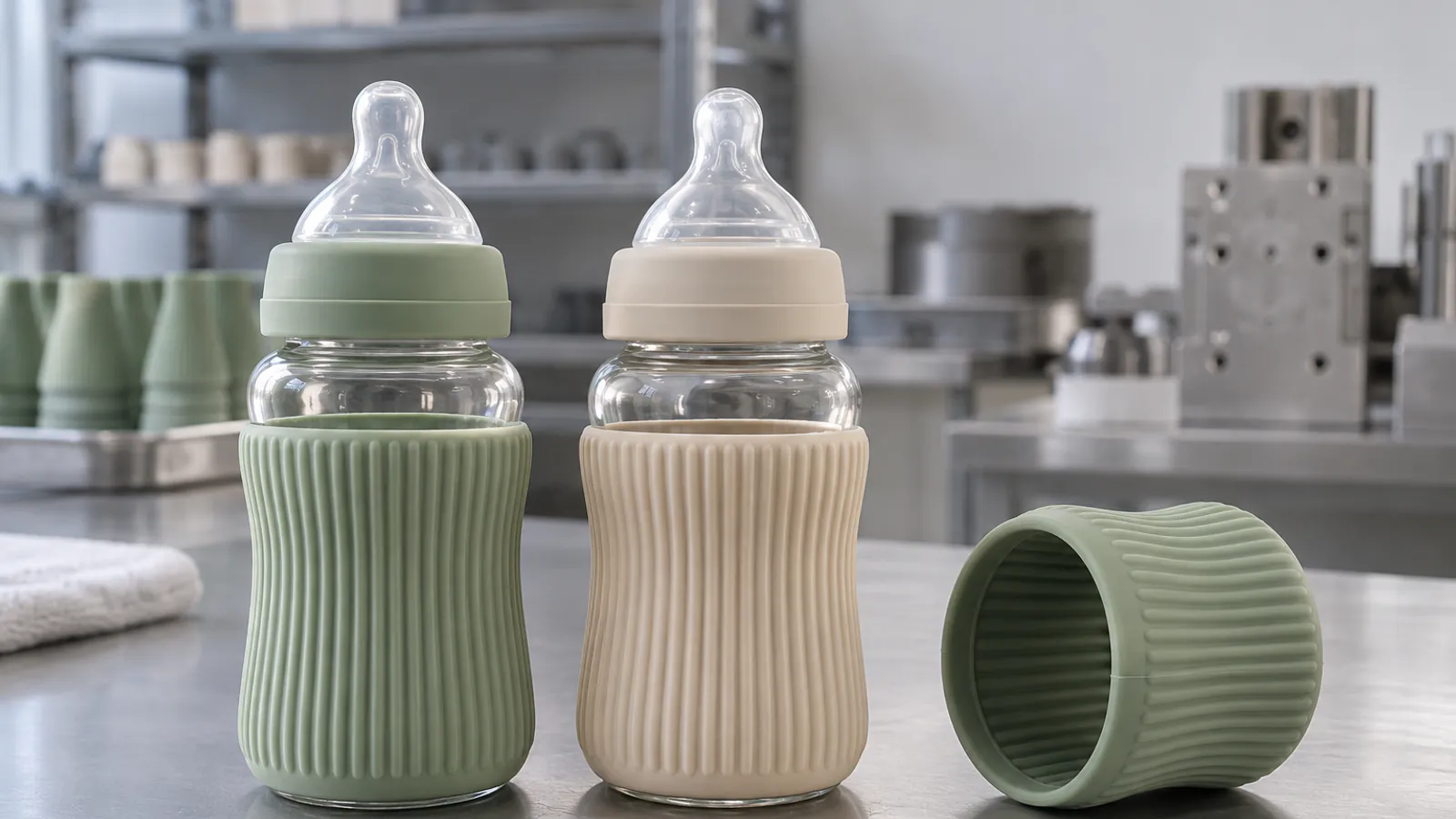 Sage and sand silicone baby bottle sleeves fitted to two clear glass bottles with one loose sleeve