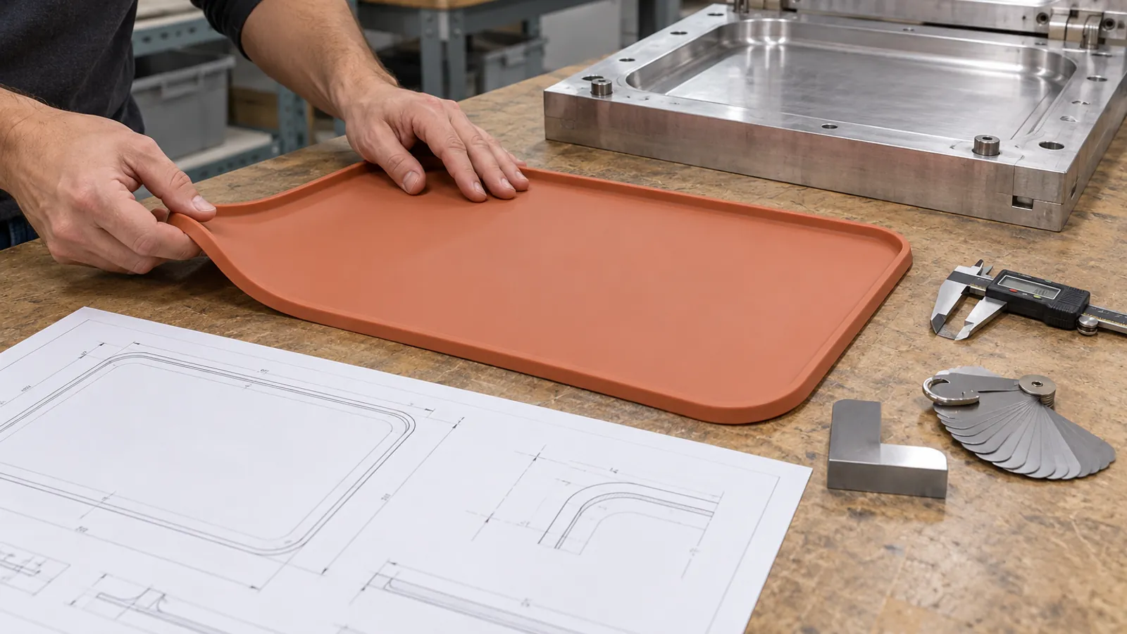 Engineer measuring a terracotta silicone baby placemat beside an aluminum compression mold insert