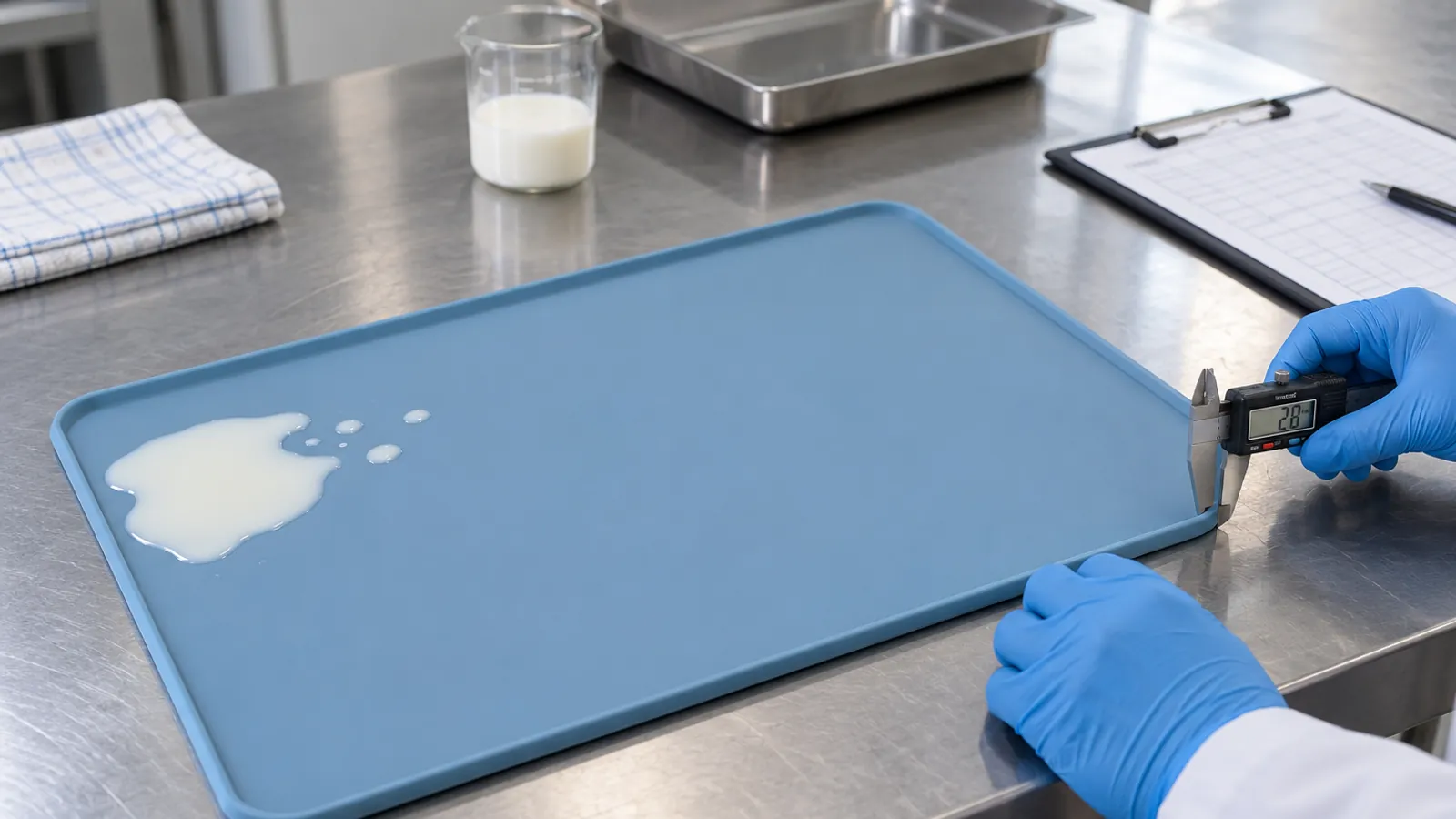 Technician checking flatness and raised edge spill containment on a blue silicone feeding placemat