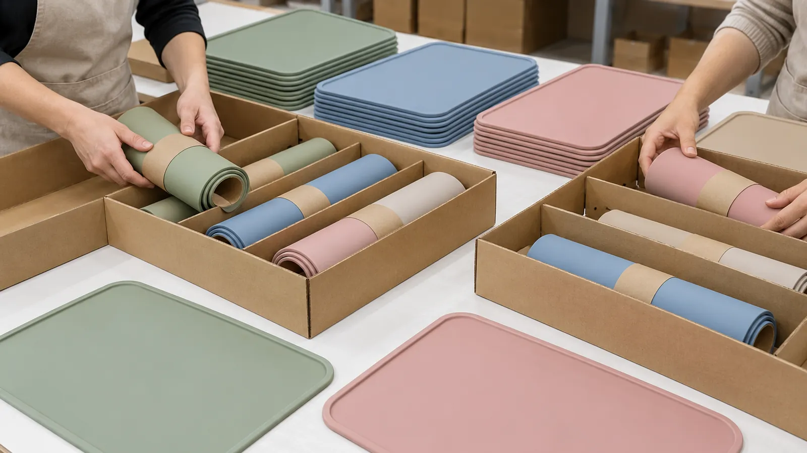 Muted-color silicone baby placemats arranged for sleeves and protective export carton packing