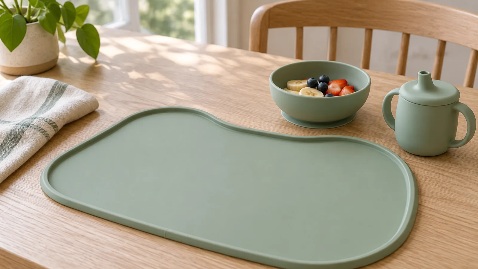 Sage green silicone baby feeding placemat with raised spill edge on a light oak dining table