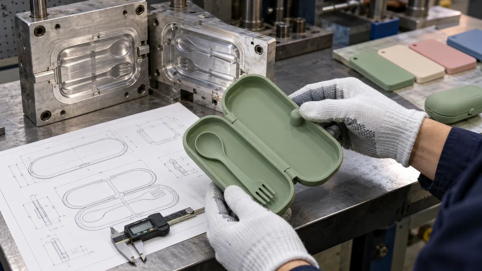 Factory engineer reviewing a silicone baby utensil case prototype with drawing and mold insert