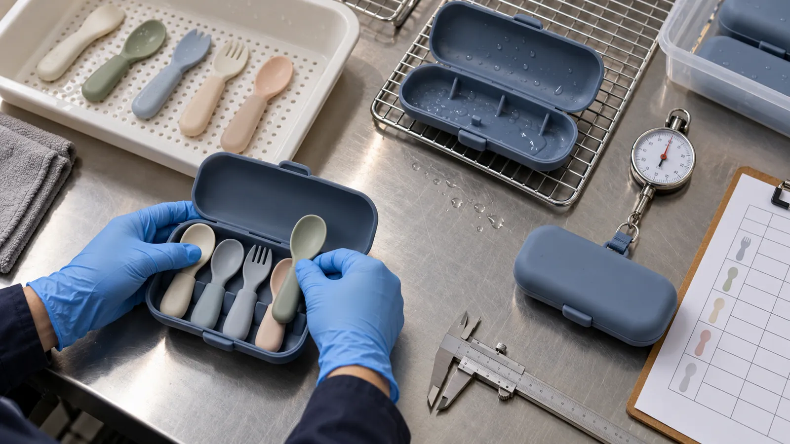 Quality technician checking utensil fit closure retention drainage and cleaning for a silicone travel case